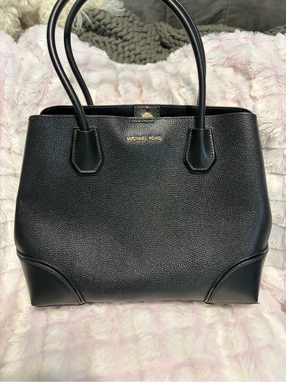 Michael Kors Black Pebbled Leather Tote Satchel with Gold Logo